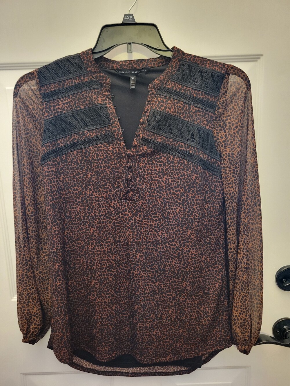 EmbellishWhite House Black Market Brown and Black Leopard-Print Lace-Trim Blouse
